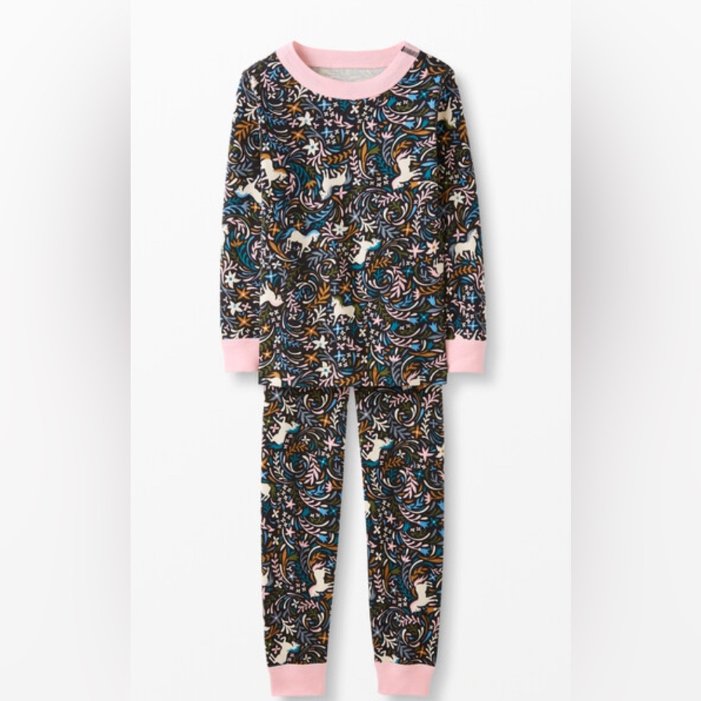 Hanna Andersson Organic Cotton Long John Pajama Set-Floral Unicorn Pattern Sz 8